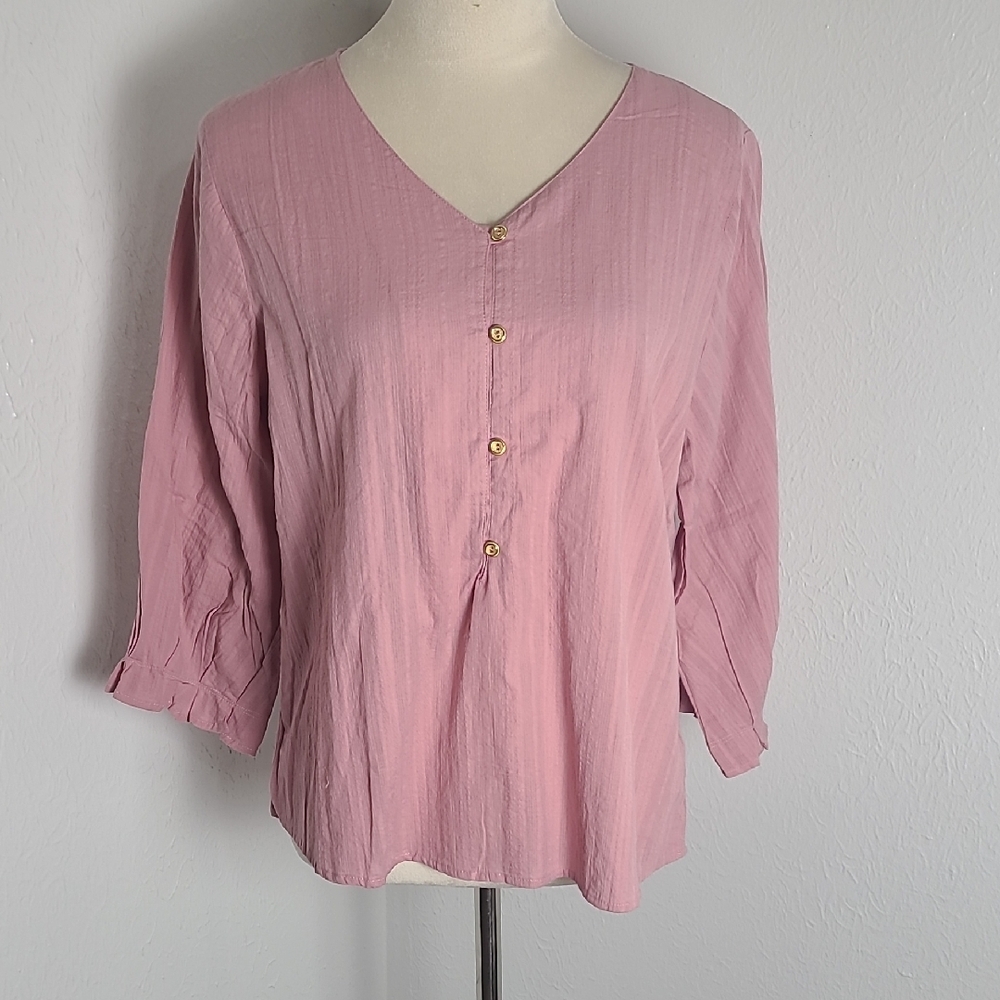 NY Collection Pink 3/4 Sleeve Top, V-Neck & 4 Buttons, Size PL-Petite Large, NWT